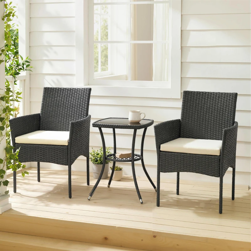 Outsunny 3 Piece Rattan Bistro Set, PE Wicker Garden Furniture Conversation Set with 2 Tier Glass-Top Table, Chairs, Cream White