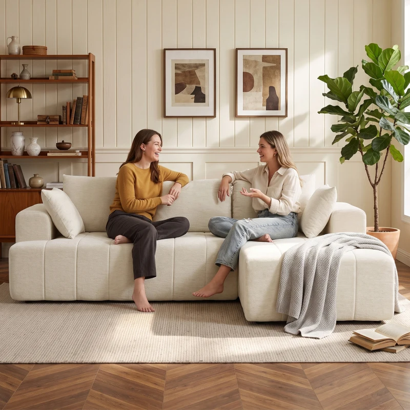 HOMCOM Ecksofa 256 cm mit Ottomane, 3‑Sitzer‑Schlafsofa aus Chenille in L‑Form, breite Sitz- und Armlehnen, beige