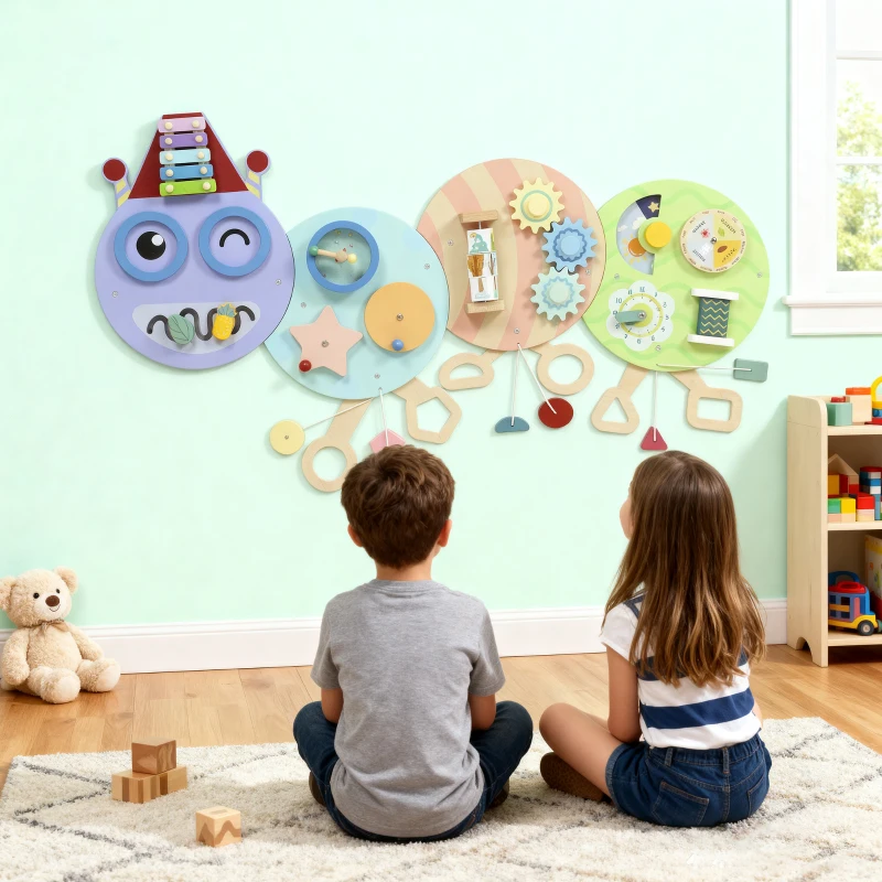 AIYAPLAY 7-in-1 Wandspielzeug, Xylophon, Zahnräder, Raupen-Design, MDF, 108 cm, Bunt
