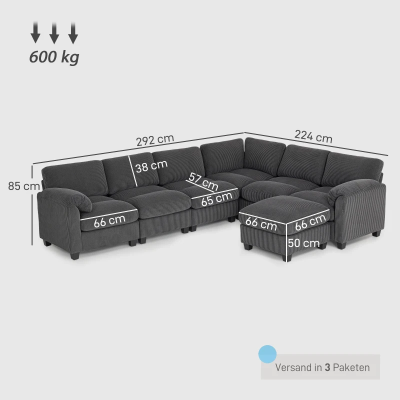 HOMCOM Ecksofa U-Form Sofa Couch mit Federpolsterung gepolsterte Armlehnen beweglicher Ottomane Cord 292x224x85 cm Dunkelgrau