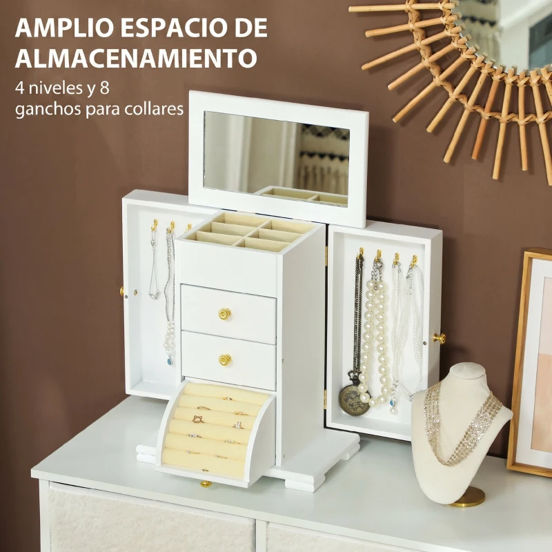 HOMCOM Caja Joyero de 4 Niveles con 2 Cajones Espejo Puertas Laterales con Ganchos para Pendientes Anillos Collares Blanco