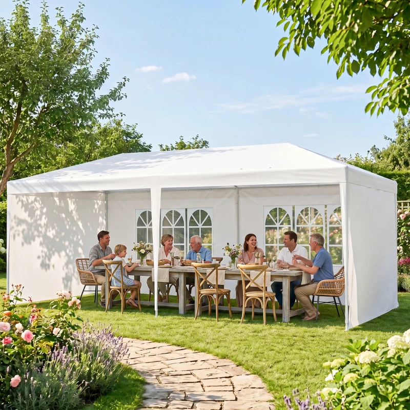 Outsunny Tonnelle de jardin, tente de réception avec Fenêtres et parois latérales amovibles, pour fêtes et mariages, 6 x 3 m blanc