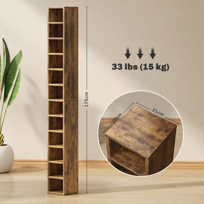 HOMCOM Rangements pour CD et DVD avec 12 compartiments, capacité max. 204 CD, 21 x 20 x 175 cm, brun rustique