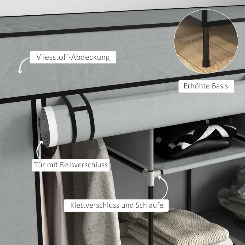 HOMCOM Kleiderschrank Stoffschrank, Türen, 2 Kleiderstangen, 10 Fächer, Grau(m-5)