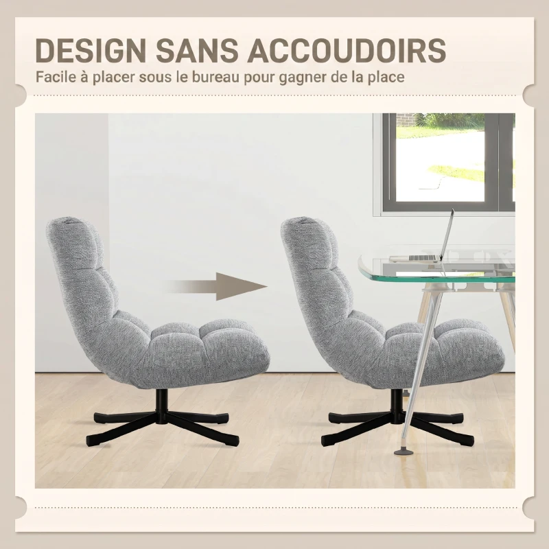 HOMCOM Fauteuil salon sans accoudoirs, chaise pivotante en tissu chenille imperméable, assise large, 75 x 95 x 90 cm, gris(m-6)