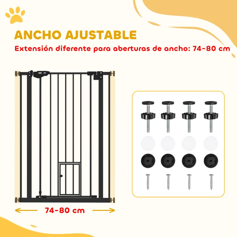 PawHut Barrera de Seguridad Ajustable con Puerta Pequeña Cierre Automático y Sistema de Doble Bloqueo 74-80x104,1 cm Negro