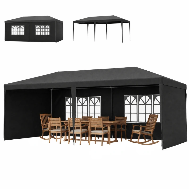 Outsunny Carpa de Jardín 6x3m con 4 Paredes Laterales 2 Ventanas Visibles Cenador Gazebo de Exterior para Fiestas Eventos Gris