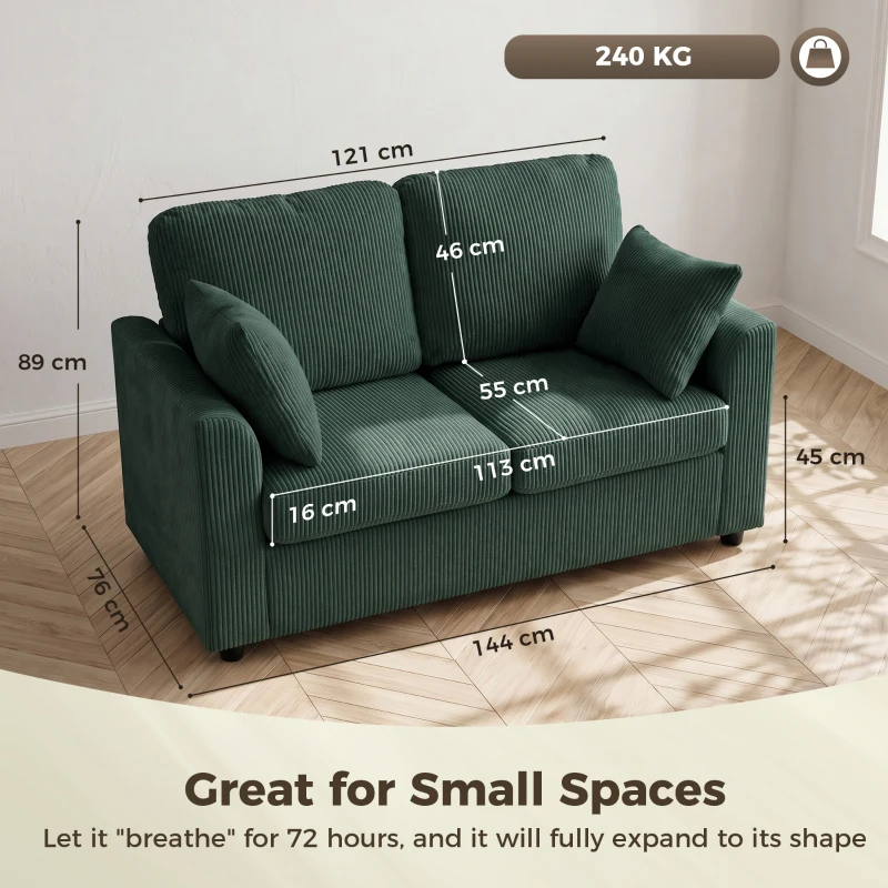 HOMCOM 2 Seater Sofa, Corduroy Small Couch with Spring Cushion, Wide and Deep Seat, Dark Green
