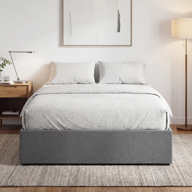 HOMCOM Lit coffre 140 x 190 cm, cadre de lit double rembourré avec 3 tiroirs, sommier à lattes en LVL, sans bruit, gris