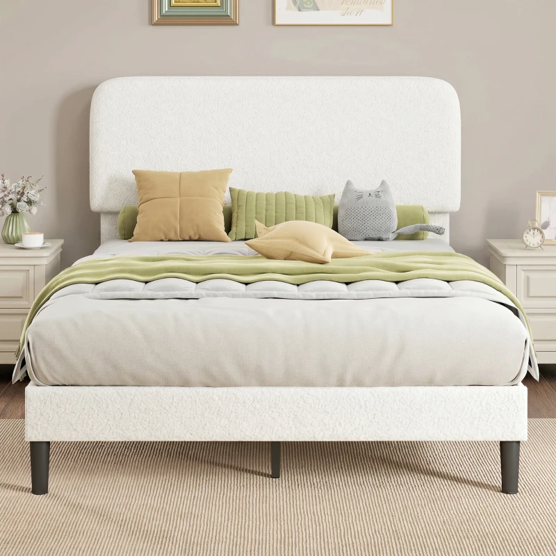 HOMCOM Cadre de Lit 140x190cm avec Sommier, Tête de Lit Réglable, Lit Double Rembourré en Velours Teddy, Lattes en Métal, Blanc