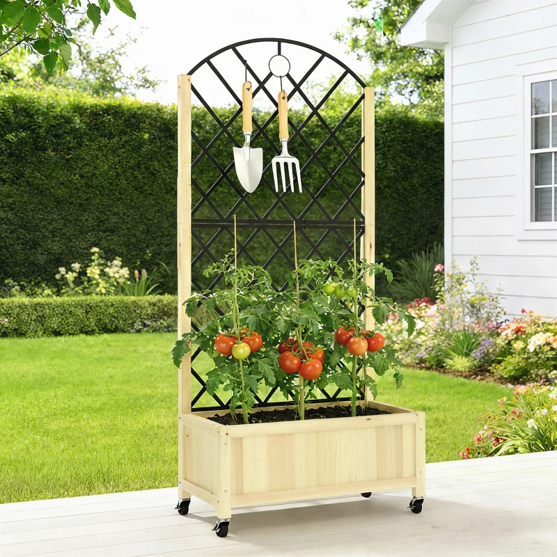Outsunny Raised Garden Bed with Metal Trellis, Wooden Elevated Planter Box with Lockable Wheels, Outdoor Raised Planter, Natural