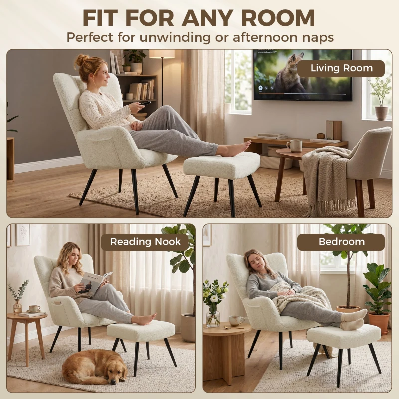 HOMCOM Fauteuil de Salon avec Repose-Pied, Fauteuil d'Appoint Capitonné en Peluche Teddy, Dossier Haut, Poches Latérales, Beige