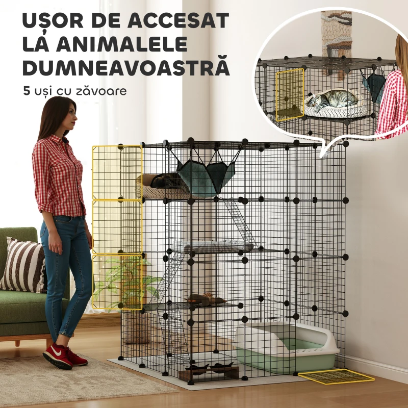 PawHut Cușcă Modulară pentru Pisici cu 4 Niveluri, cu Platforme, Rampe și 5 Uși, din Oțel și PP, 105x105x140 cm, Negru