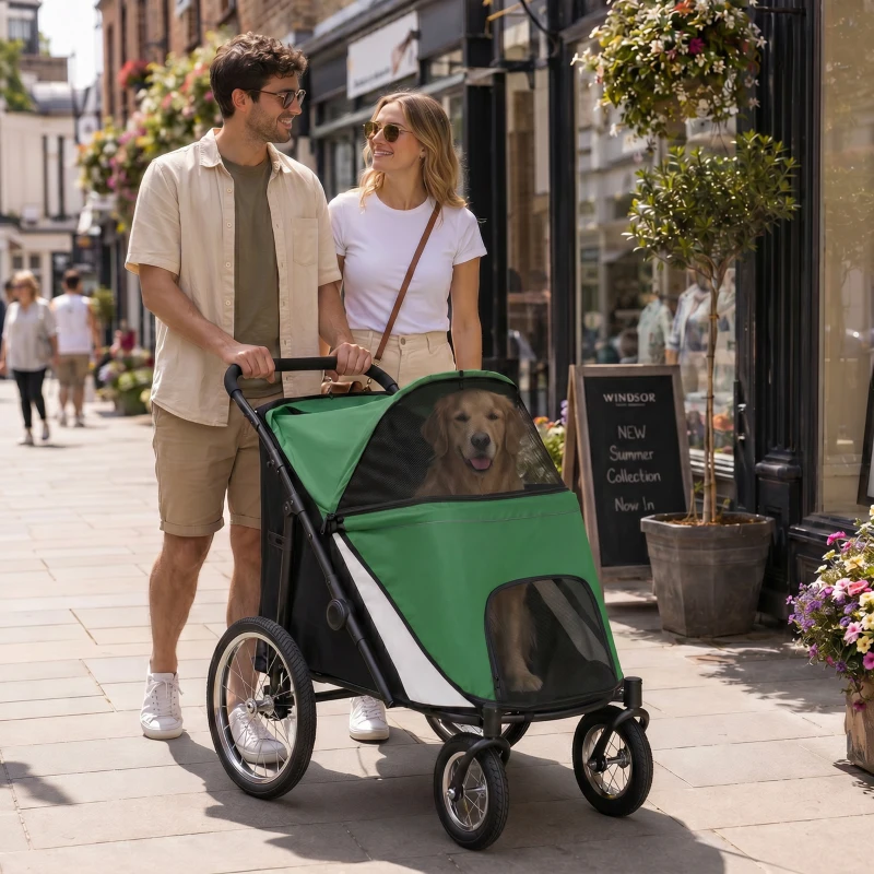 PawHut Foldable Pet Stroller, with Washable Cushion, Storage Bags, Safety Leash, for Medium, Large Dogs, Cats - Green