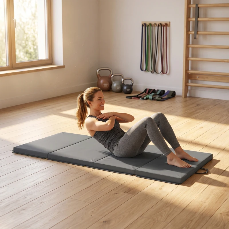 HOMCOM Saltea de Gimnastică Pliabilă, Saltea Fitness Groasă de 5 cm și Antiderapantă, 180x80x5 cm, Gri