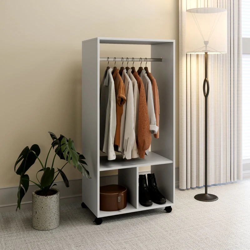 HOMCOM Armario Ropero Estante 2 Nichos Barra para Colgar 4 Ruedas Giratorias 60x40x128 cm Gris