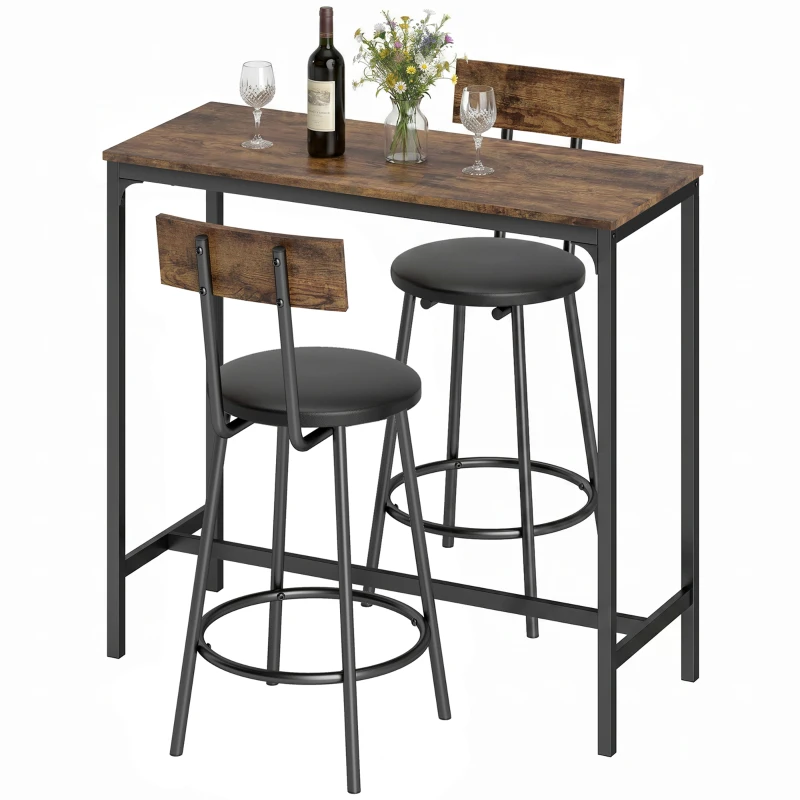 HOMCOM Set de Mesa de Bar 3 Piezas Mesa de Cocina Salvaespacio Marrón Rústico
