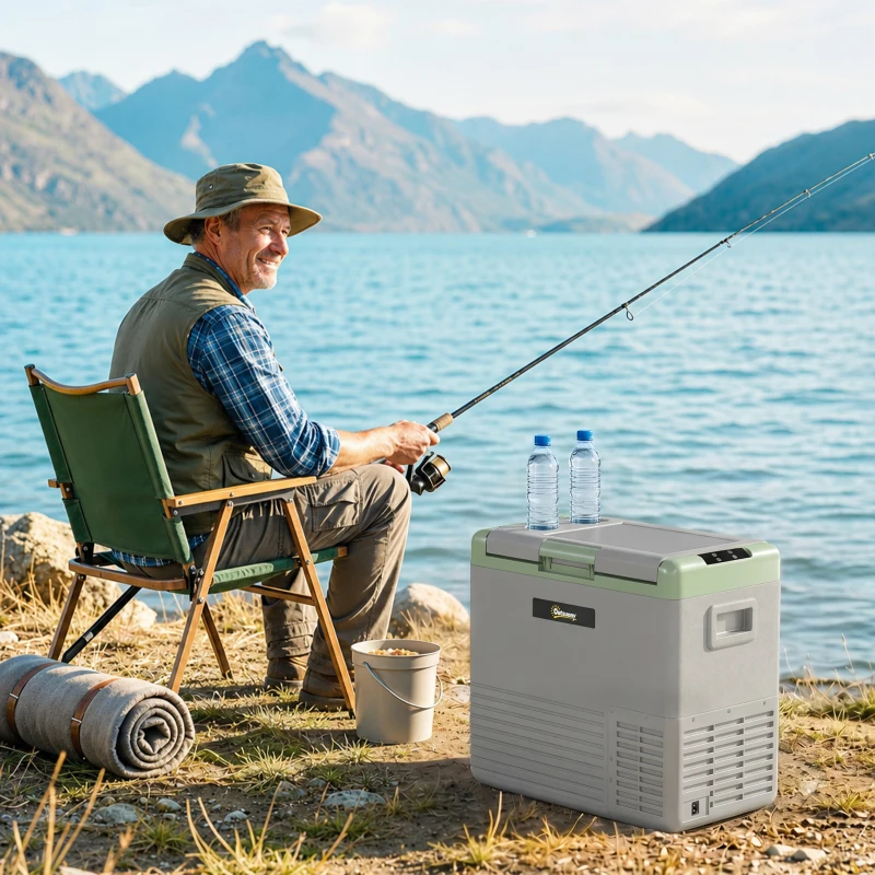 Outsunny 50L Portable Car Refrigerator - Light Green and Grey