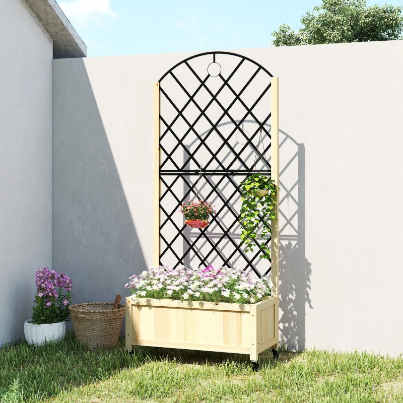 Outsunny Raised Garden Bed with Metal Trellis, Wooden Elevated Planter Box with Lockable Wheels, Outdoor Raised Planter, Natural