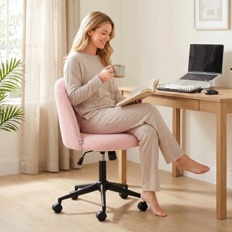 HOMCOM Silla de Oficina Giratoria de Borreguito Regulable en Altura con Ruedas Espuma de Confort Rosa