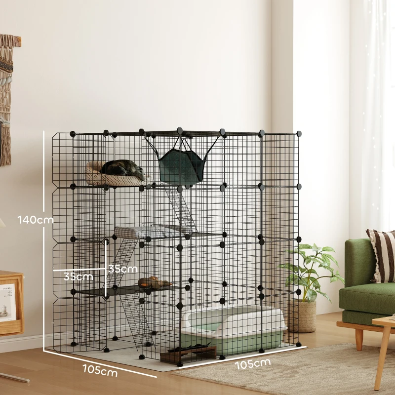 PawHut Gabbia per Gatti Modulabile a 4 Livelli con Piattaforme, Rampe e 5 Porte, in Acciaio e PP, 105x105x140 cm, Nero