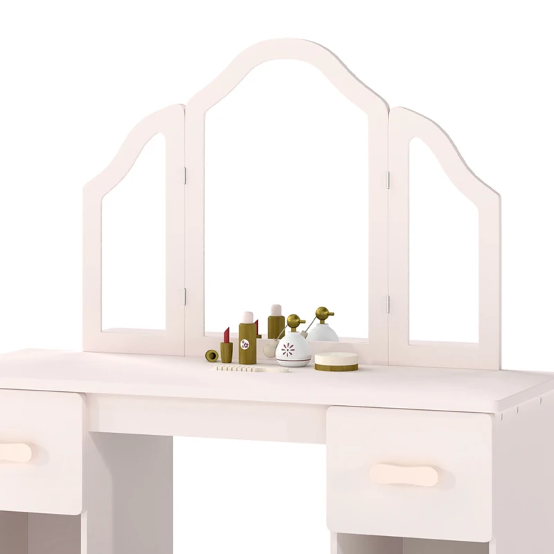 AIYAPLAY Coiffeuse pour Enfants avec Tabouret et Miroir à Trois Volets en Acrylique, 2 Tiroirs et 2 Placards, Rose