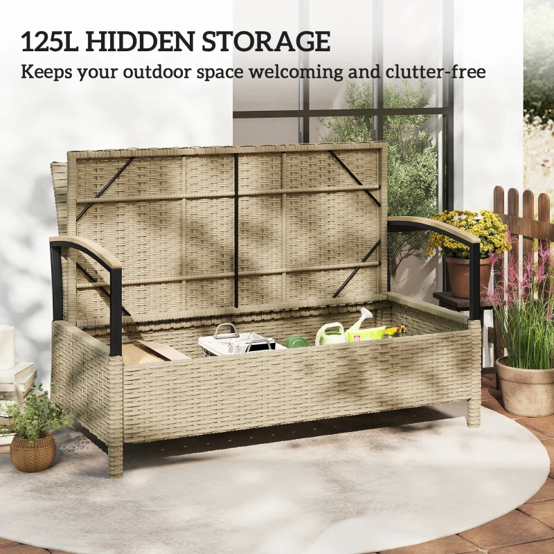 Outsunny 125L Garden Storage Bench, 2 Seater PE Rattan Outdoor Bench Storage Box with Padded Cushion, Khaki
