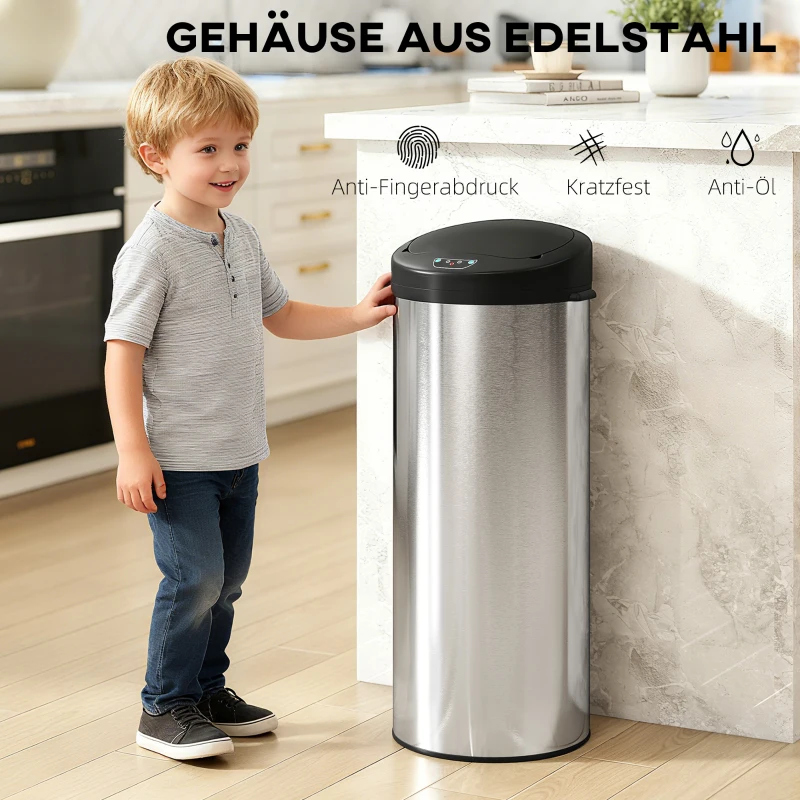 HOMCOM Sensor prullenbak 55 L contactloze afvalbak met soft-close deksel van RVS voor keuken en sportschool