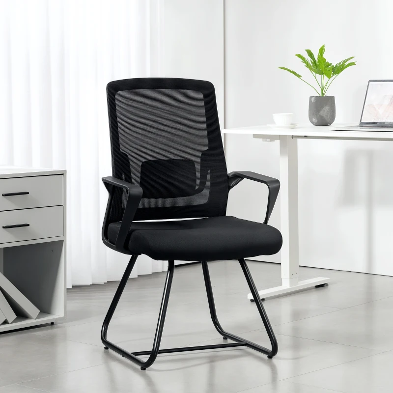 HOMCOM Desk Chair No Wheels, Office Chair with Mesh Back, Lumbar Support, Metal Base for Waiting Room, Conference Room, Black