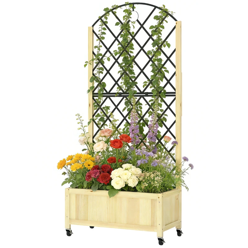 Outsunny Raised Garden Bed with Metal Trellis, Wooden Elevated Planter Box with Lockable Wheels, Outdoor Raised Planter, Natural