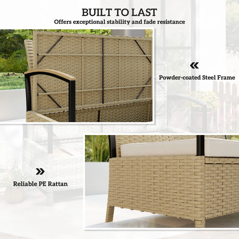 Outsunny 125L Garden Storage Bench, 2 Seater PE Rattan Outdoor Bench Storage Box with Padded Cushion, Khaki
