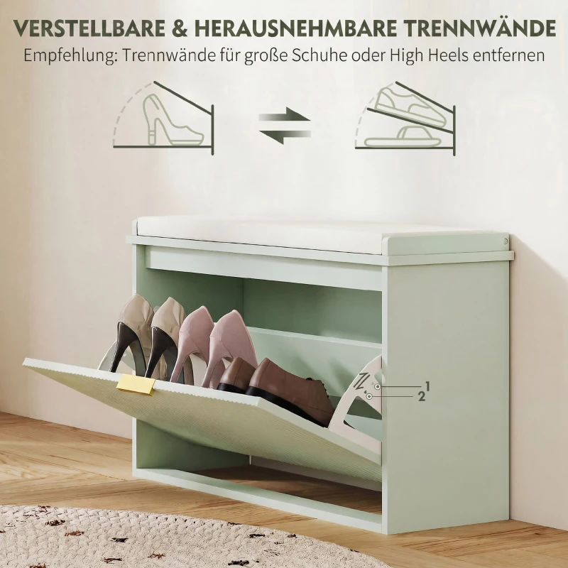HOMCOM Banc à chaussures avec coussin d'assise rembourré et tiroir rabattable pour couloir, chambre, 80 x 26 x 47,5 cm, vert