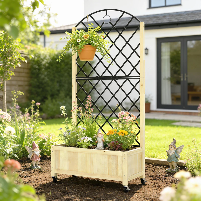 Outsunny Raised Garden Bed with Metal Trellis, Wooden Elevated Planter Box with Lockable Wheels, Outdoor Raised Planter, Natural