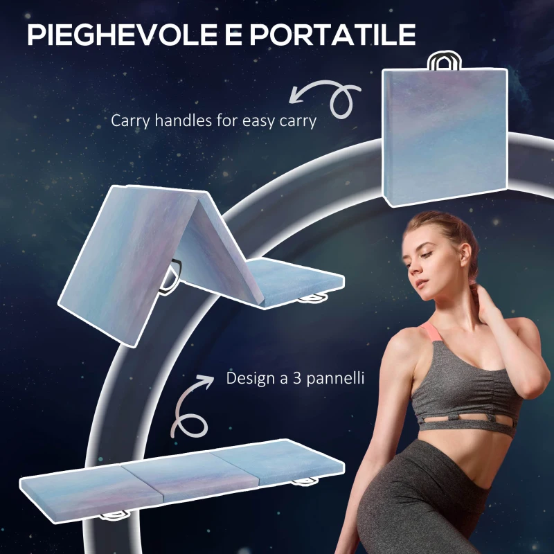 HOMCOM Tappetino da Ginnastica 180 cm Pieghevole, Crash Mat Spesso 5 cm con Maniglie per Allenamento a Casa, Azzurro