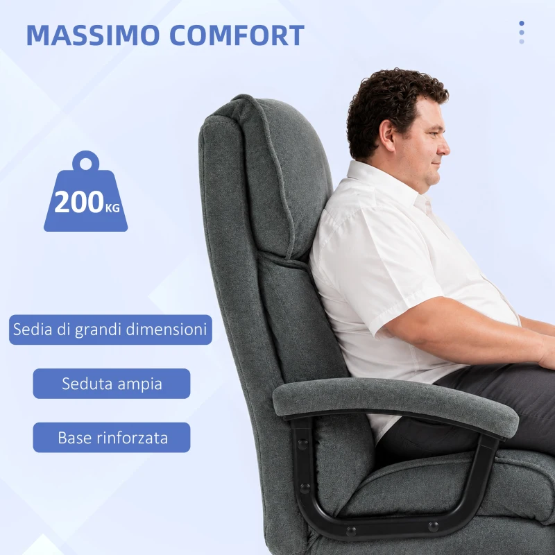 HOMCOM Sedia da Ufficio Rinforzata Capacità 200kg, Girevole e Inclinabile in Tessuto Vellutato, Grigio