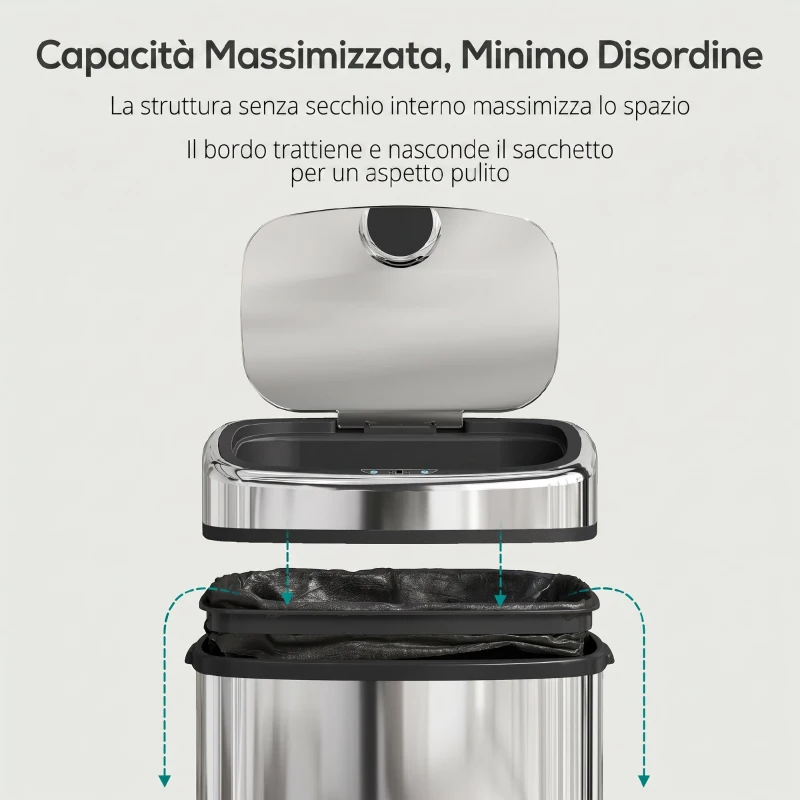 HOMCOM Pattumiera con Sensore a Infrarossi da 50L in Acciaio Inox con 2 Modalità di Apertura, Argento