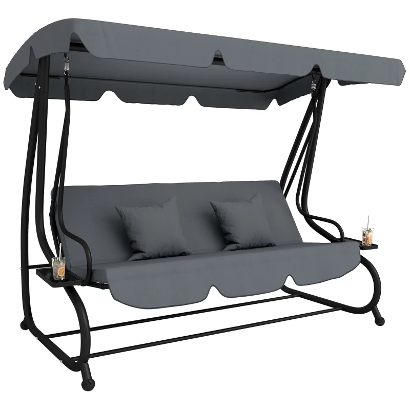 Outsunny Balancelle de jardin 3 places convertible toit inclinaison réglable 2 tablettes 2 x 1,2 x 1,64 m acier gris foncé