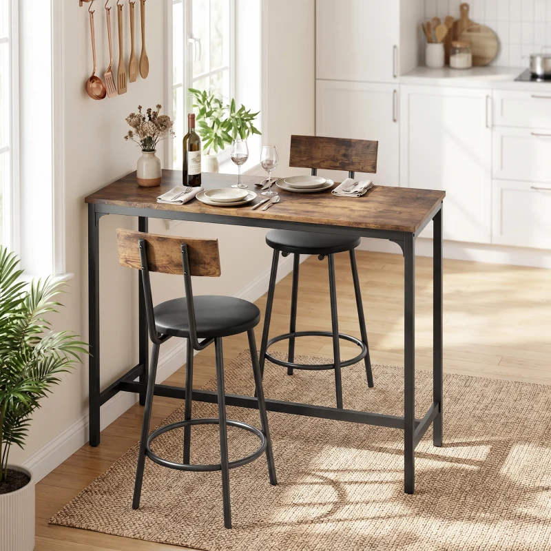 HOMCOM Set de Mesa de Bar 3 Piezas Mesa de Cocina Salvaespacio Marrón Rústico