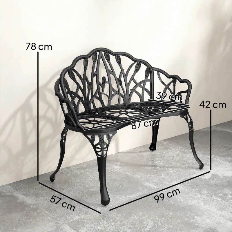 Outsunny Gartenbank 2-Sitzer Gussaluminium wetterfest Outdoor Sitzbank mit Tulpen-Rückenlehne Blumenmotiv 99 x 57 x 78 cm
