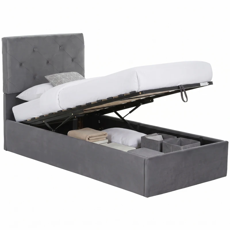 HOMCOM Single Bed Frame Gas End Lift Under Bed Storage Upholstered Platform Bed Tufted Headboard for 90 x 190 cm Mattress