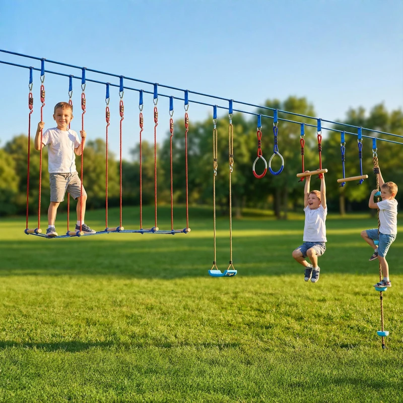 AIYAPLAY Ninja Line Kinder 24 m Slackline Set mit Turnringe 7 Hindernissen Kletterstange Balancierbrücke für 3-6 Jahre