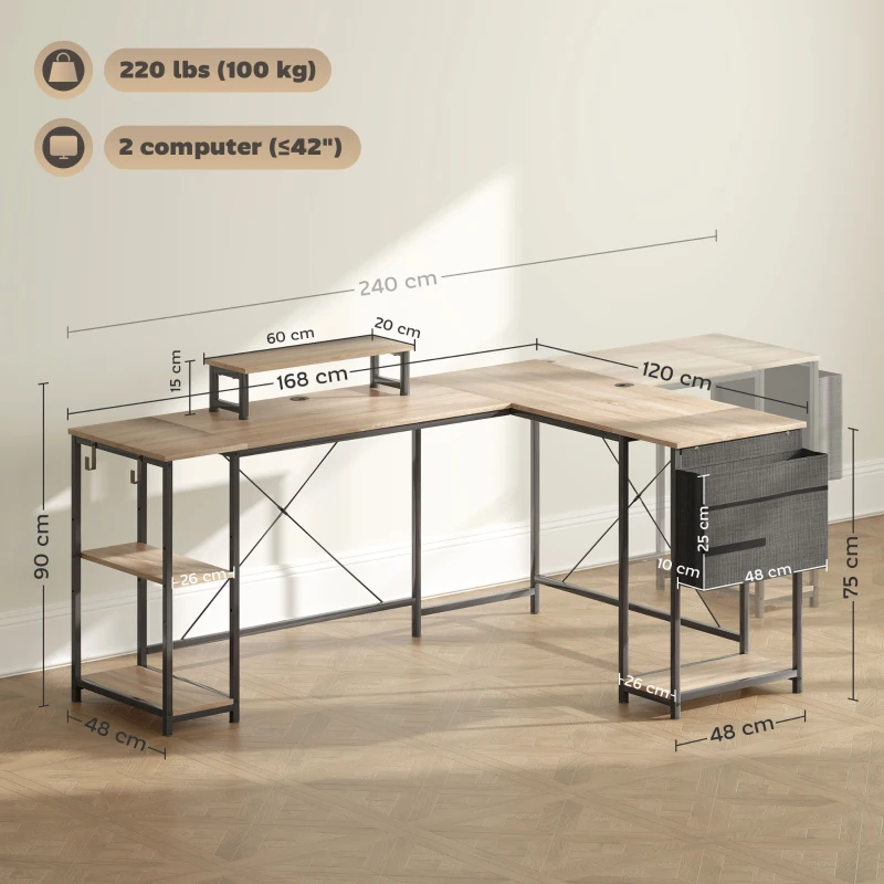 HOMCOM L-förmiger Schreibtisch, Vielseitiger Bürotisch mit einstellbaren Regalen und Aufbewahrungstasche, Monitorständer, Natur