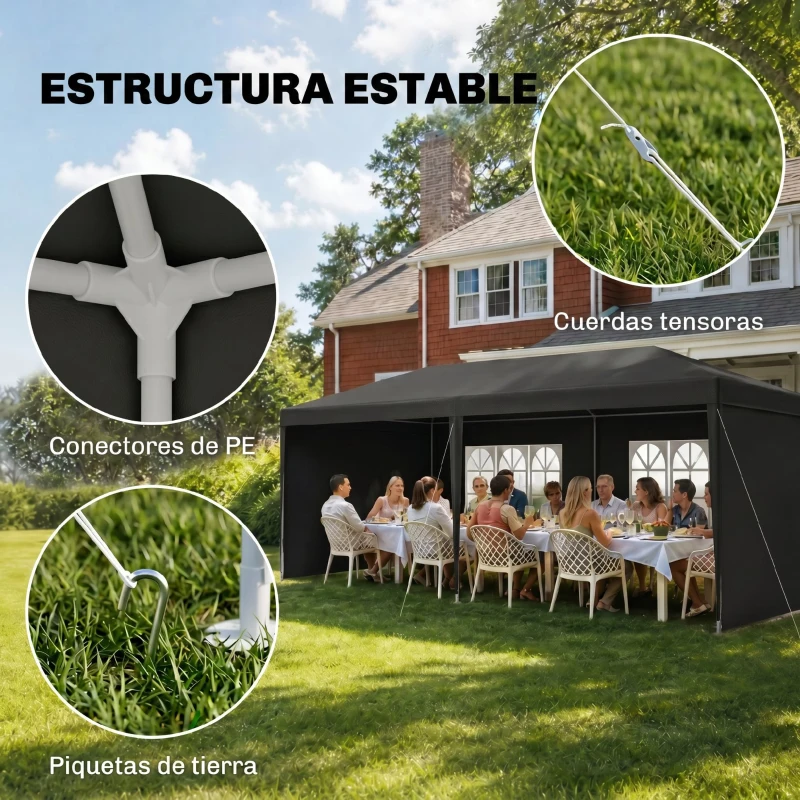 Outsunny Carpa de Jardín 6x3m con 4 Paredes Laterales 2 Ventanas Visibles Cenador Gazebo de Exterior para Fiestas Eventos Gris