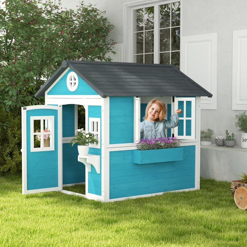 Outsunny Casita de Madera Infantil con Puerta Ventanas Jardineras y Repisas con Detalles de Color 114x126,4x135 cm Azul