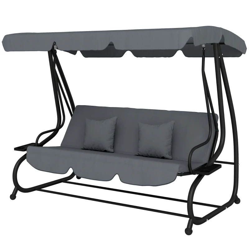 Outsunny Balancelle de jardin 3 places convertible toit inclinaison réglable 2 tablettes 2 x 1,2 x 1,64 m acier gris foncé