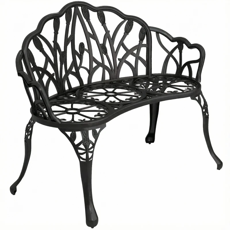 Outsunny Gartenbank 2-Sitzer Gussaluminium wetterfest Outdoor Sitzbank mit Tulpen-Rückenlehne Blumenmotiv 99 x 57 x 78 cm