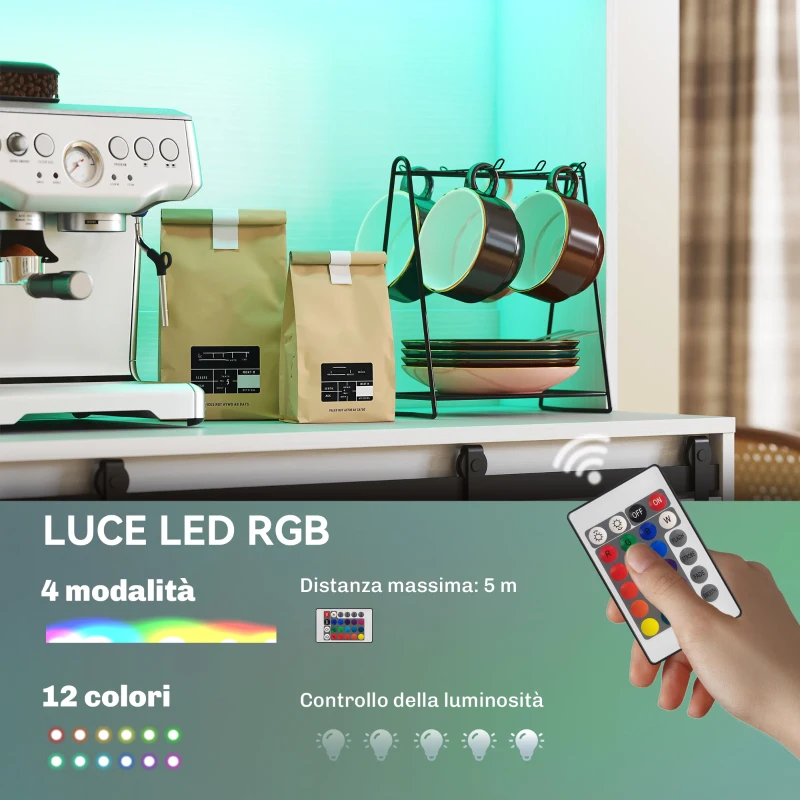 HOMCOM Credenza Cucina con Prese Elettriche, Luce LED, Portabottiglie e Ante Scorrevoli, 100x38x180 cm, Bianco