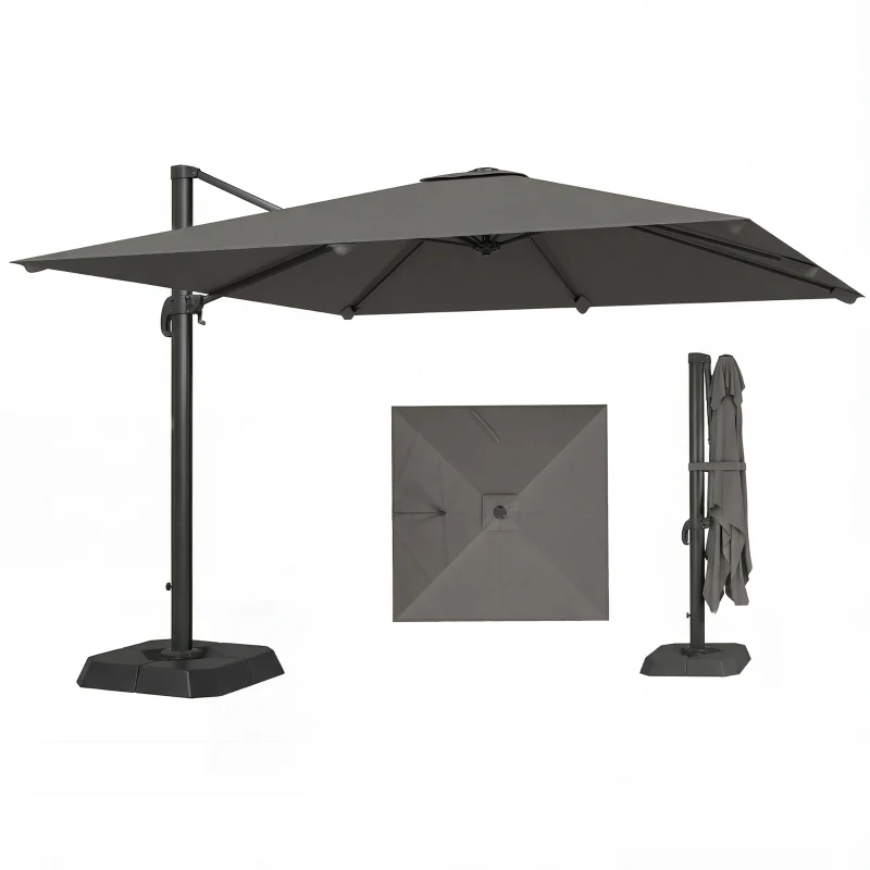 Outsunny Ombrellone Decentrato e Inclinabile 3x3 m con Base a Croce Riempibile e Manovella, in Poliestere Grigio Scuro
