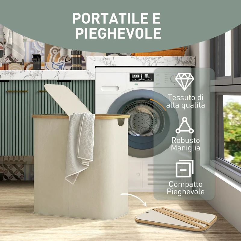 HOMCOM Cesto Portabiancheria da 80L a 2 Sezioni con Coperchio, in Tessuto non Tessuto e Bambù, 54x34x58.5 cm, Beige