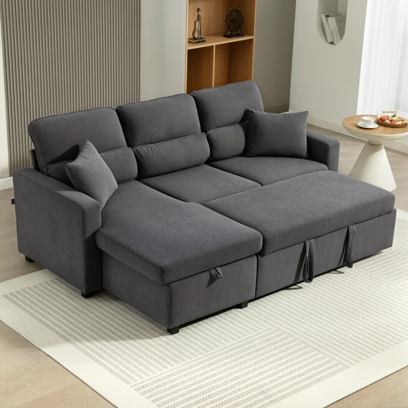 HOMCOM Verstellbares Bettsofa, L-förmiges Gästesofa mit Bettfunktion, Stauraum, Kissen, für Wohnzimmer, Gästezimmer, Dunkelgrau